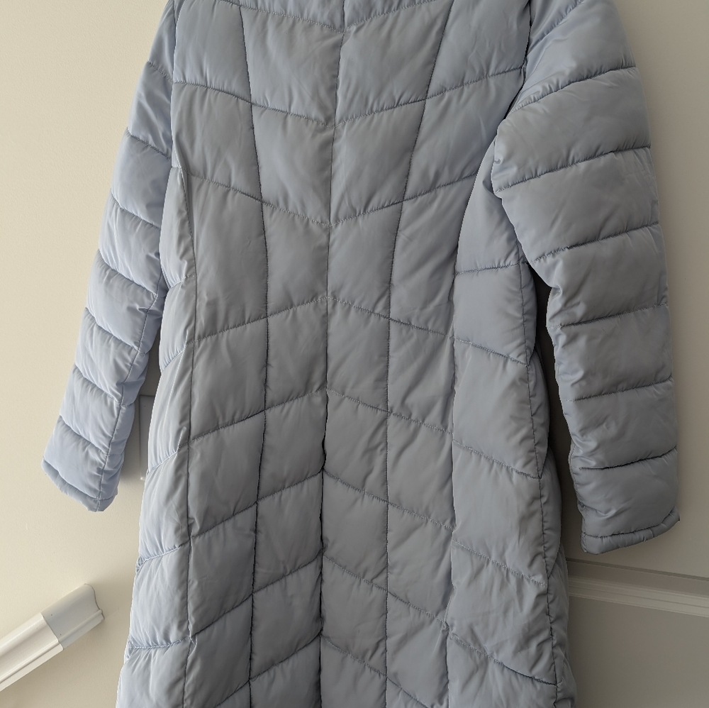 Calvin Klein Light Blue Gray Quilted Puffer Coat with Faux Fur Hood - Picture 11 of 11